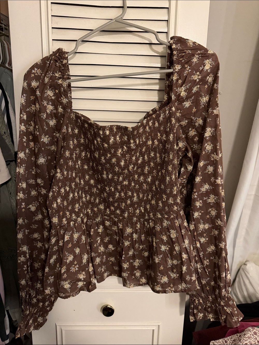 Brown Floral Smocked Peplum Blouse with Long Sleeves